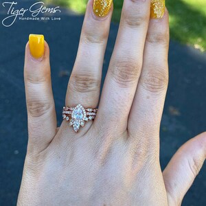 1 ctw Art Deco Halo Pear Wedding Set, Vintage Style Halo Engagement Ring, Man Made Diamond Simulants, Sterling Silver, Rose Gold Plated image 9