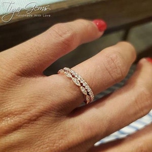 Art Deco Wedding Band Half Eternity Band Set, Delicate 1.5mm Engagement Ring, Man Made Diamond Simulants, Sterling Silver, Rose Gold Plated image 6