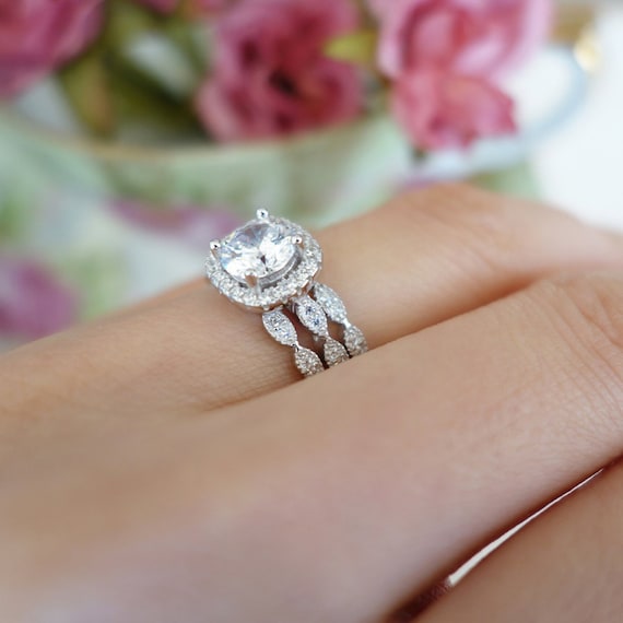 3 Band 1.25 Ctw Halo Bridal Set, Vintage Style Bridal Rings, Man Made Diamond Simulant, Art Deco Ring, Engagement Rings, Sterling Silver - Etsy 3 Band 1.25 Ctw Halo Bridal Set, Vintage Style Bridal Rings, Man Made Diamond Simulant, Art Deco Ring, Engagement Rings, Sterling Silver - Etsy