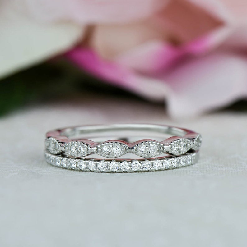 Art Deco Wedding Band and Half Eternity Band, Thin Stacking Ring Set, Small Engagement Ring, Man Made Diamond Simulants, Sterling Silver image 4