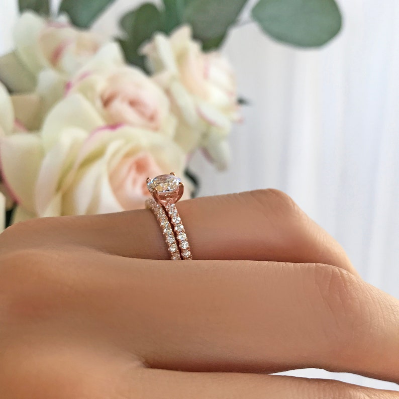 Sterling Silver 1.25 ctw 1 ct Round Accented Solitaire Bridal Set Half Eternity Wedding Band Rose Gold Plated Man Made Diamond Simulants