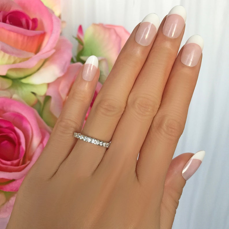 Man Made Diamond Simulant Delicate Bridal Ring 2.7mm Wedding Band Promise Ring 1 ctw Full Eternity Ring Stacking Ring Sterling Silver