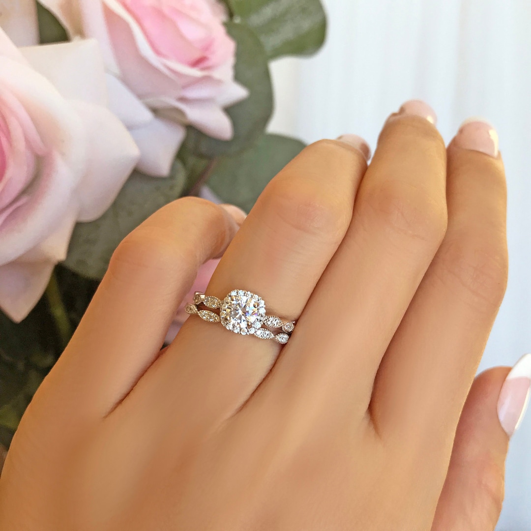 3/4 Ctw Halo Wedding Set, Delicate Bridal Rings, Man Made