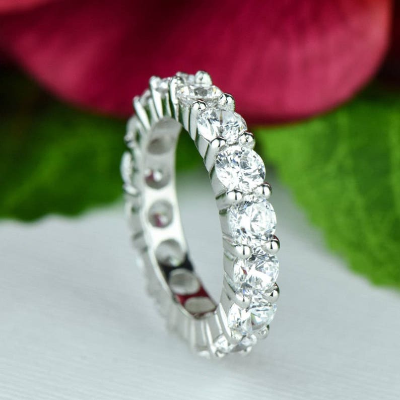 Round Wedding Band Bridal Ring Engagement Ring Sterling Silver Man Made White Diamond Simulants 4 ctw Full Eternity Ring Stacking Band