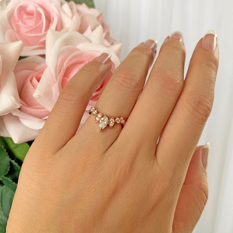Marquise Art Deco Nesting Band Rose Gold Plated Half Eternity Tiara Stacking Contour Band Sterling Silver Man Made Diamond Simulants