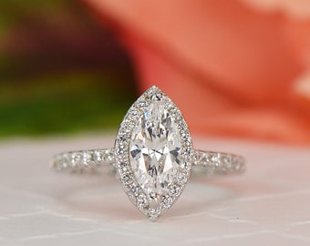 1.25 ctw Marquise Cut Halo Engagement Ring, Man Made Diamond Simulant, Half Eternity Wedding Ring, Promise Ring, Sterling Silver