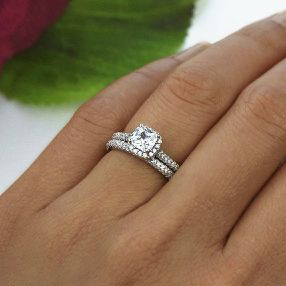 1 ctw Princess Halo Ring Wedding Set Half Eternity Rings | Etsy