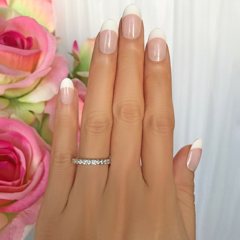 Man Made Diamond Simulant Delicate Bridal Ring 2.7mm Wedding Band Promise Ring 1 ctw Full Eternity Ring Stacking Ring Sterling Silver