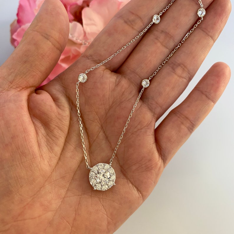 40/% Final Sale 2 ctw Halo Necklace Cluster Necklace Sterling Silver Man Made Diamond Simulants Round Cut Bezel Bridal Necklace