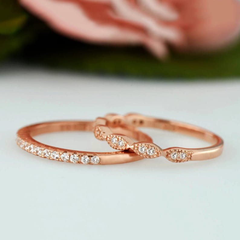 Art Deco Wedding Band Half Eternity Band Set, Delicate 1.5mm Engagement Ring, Man Made Diamond Simulants, Sterling Silver, Rose Gold Plated image 5