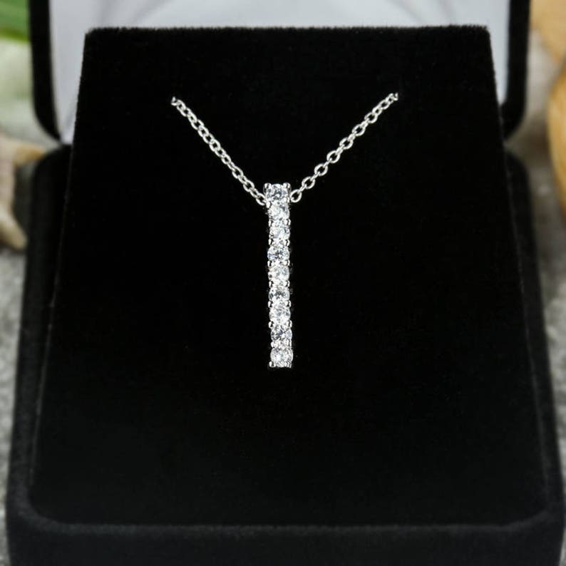 Sterling Silver 12 ctw 9 Stone Necklace Delicate Bridal Necklace Man Made Diamond Simulants Anniversary Necklace Single Bar Necklace