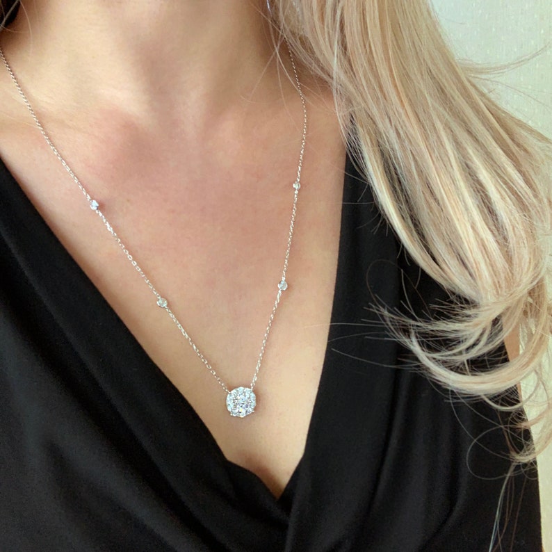 40/% Final Sale 2 ctw Halo Necklace Cluster Necklace Sterling Silver Man Made Diamond Simulants Round Cut Bezel Bridal Necklace