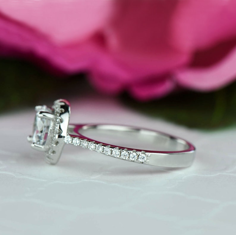 Engagement Ring 1.5 ctw Round Classic Halo Ring Sterling Silver Half Eternity Ring Promise Ring Man Made Diamond Simulant Wedding Ring