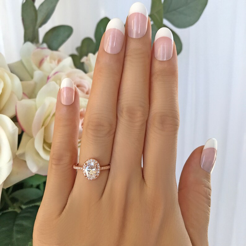 1.5 ctw Classic Oval Halo Engagement Ring, Anniversary Ring, Man Made Diamond Simulants, Sterling Silver, Rose Gold Plated, 50% Final Sale image 2