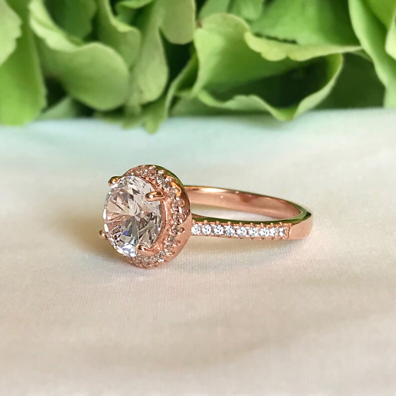 Man Made Diamond Simulants Sterling Silver 2.25 ctw Classic Round Halo Engagement Ring Wedding Ring Bridal Ring Rose Gold Plated