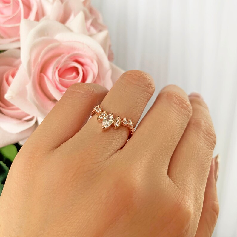 Marquise Art Deco Nesting Band Rose Gold Plated Half Eternity Tiara Stacking Contour Band Sterling Silver Man Made Diamond Simulants
