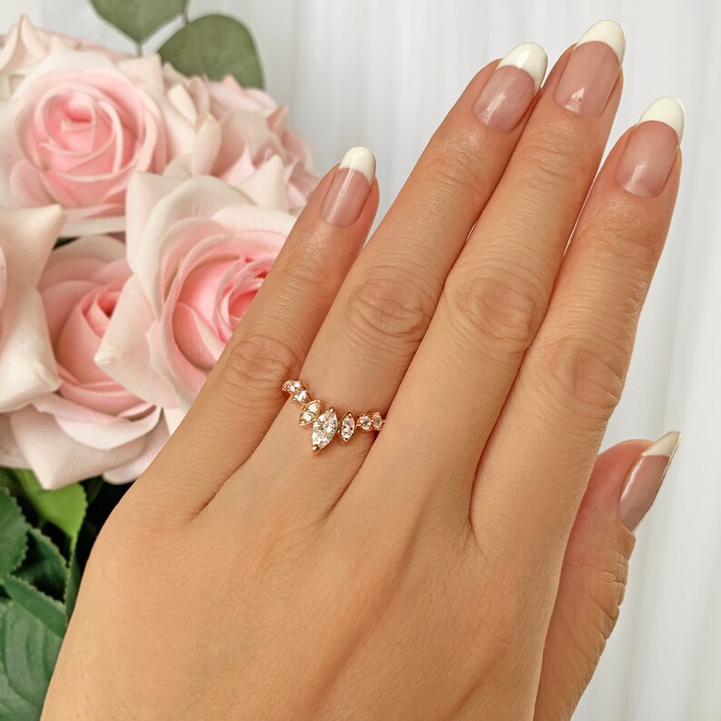 Marquise Art Deco Nesting Band Rose Gold Plated Half Eternity Tiara Stacking Contour Band Sterling Silver Man Made Diamond Simulants