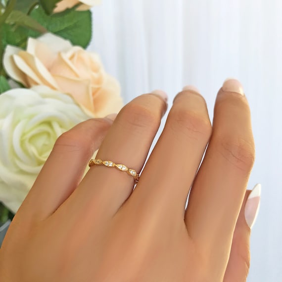 Art Deco Wedding Band Delicate Band 1.5mm Stacking Ring Engagement Ring Man Made Diamond Simulants Sterling Silver Yellow Gold Plated Etsy