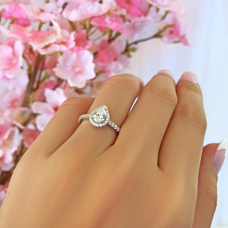 Man Made Diamond Simulants Sterling Silver Half Eternity Wedding Ring Engagement Ring Classic Halo Ring 1 ctw Pear Halo Promise Ring
