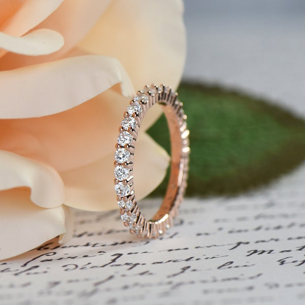 1 ctw Full Eternity Band, 2mm Round Wedding Band, Bridal Engagement Ring, Man Made Diamond Simulant, Sterling Silver, Rose Gold Plated