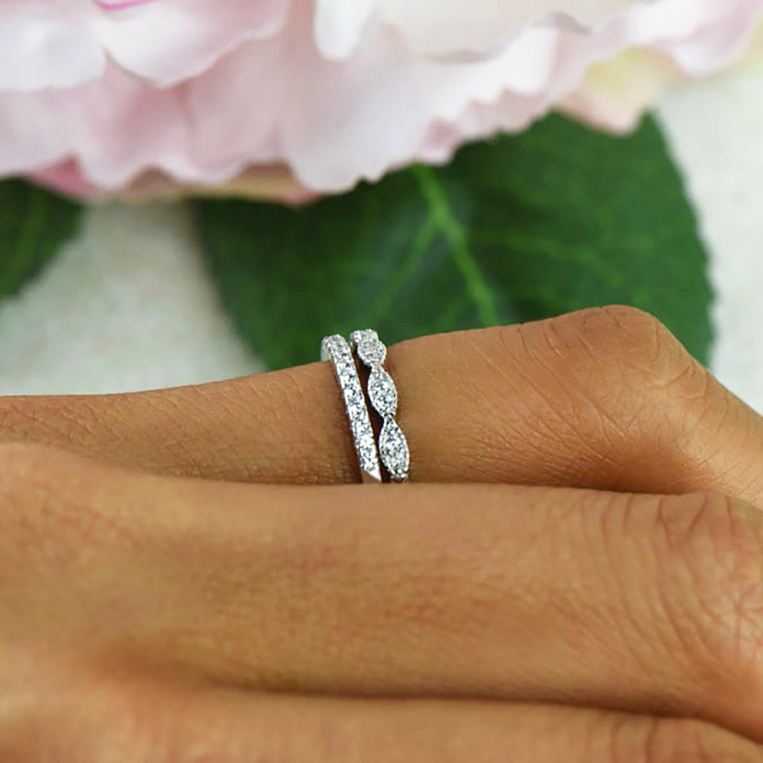Art Deco Wedding Band and Half Eternity Band, Thin Stacking Ring Set, Small Engagement Ring, Man Made Diamond Simulants, Sterling Silver