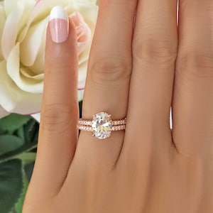 2.25 ctw Oval Accented Solitaire Bridal Set,  Half Eternity Engagement Ring, Man Made Diamond Simulants, Sterling Silver, Rose Gold Plated