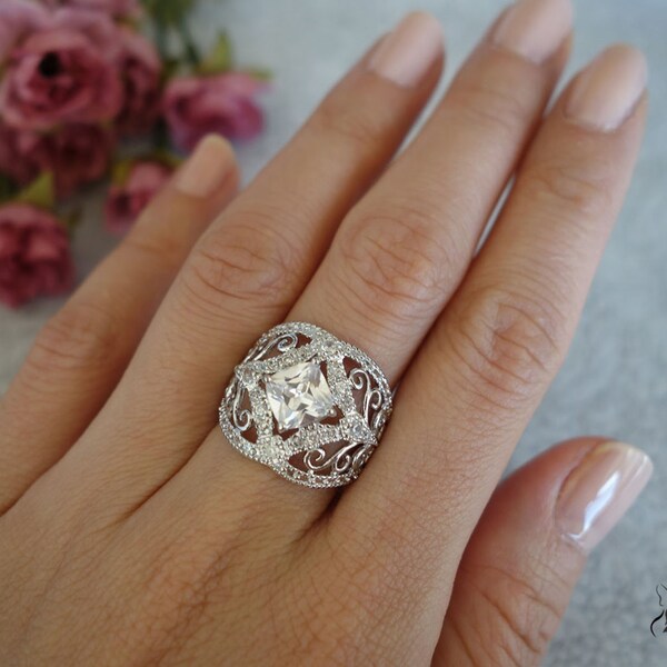 1.25 Carat Cushion Cut Engagement Ring, Filigree Ring, Man Made Diamond Simulant, Wedding, Promise Ring, Birthstone, Bridal, Sterling Silver
