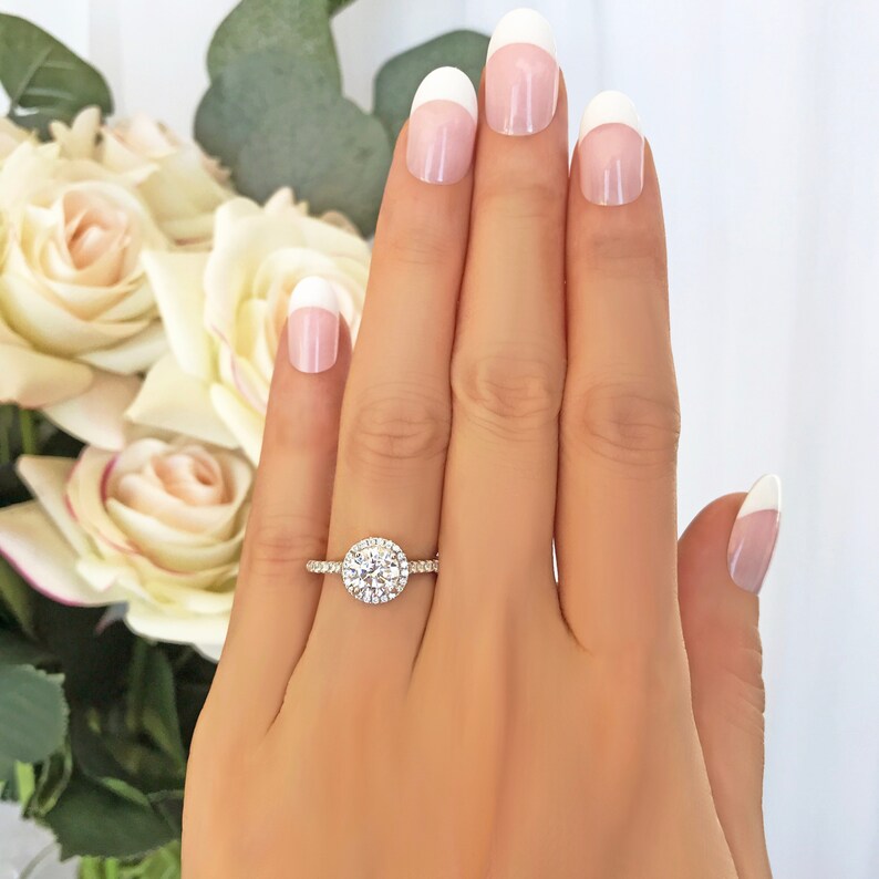 Engagement Ring 1.5 ctw Round Classic Halo Ring Sterling Silver Half Eternity Ring Promise Ring Man Made Diamond Simulant Wedding Ring
