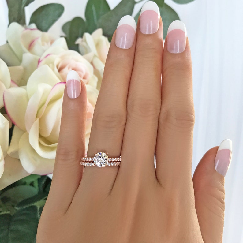 Sterling Silver 1.25 ctw 1 ct Round Accented Solitaire Bridal Set Half Eternity Wedding Band Rose Gold Plated Man Made Diamond Simulants