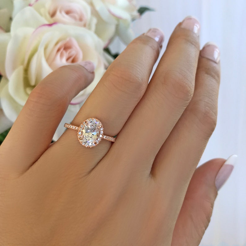 1.5 ctw Classic Oval Halo Engagement Ring, Anniversary Ring, Man Made Diamond Simulants, Sterling Silver, Rose Gold Plated, 50% Final Sale image 1