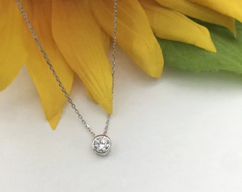 1/2 ct Dainty Bezel Necklace, Round Pendant, Man Made Diamond Simulant, Bridal Wedding Gift, Minimalist Necklace, Sterling Silver