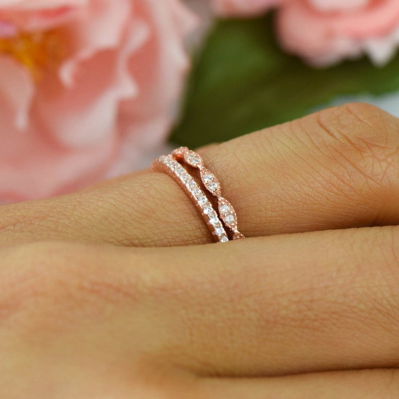 Art Deco Wedding Band Half Eternity Band Set, Delicate 1.5mm Engagement Ring, Man Made Diamond Simulants, Sterling Silver, Rose Gold Plated image 1