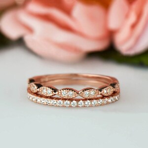 Art Deco Wedding Band Half Eternity Band Set, Delicate 1.5mm Engagement Ring, Man Made Diamond Simulants, Sterling Silver, Rose Gold Plated image 4