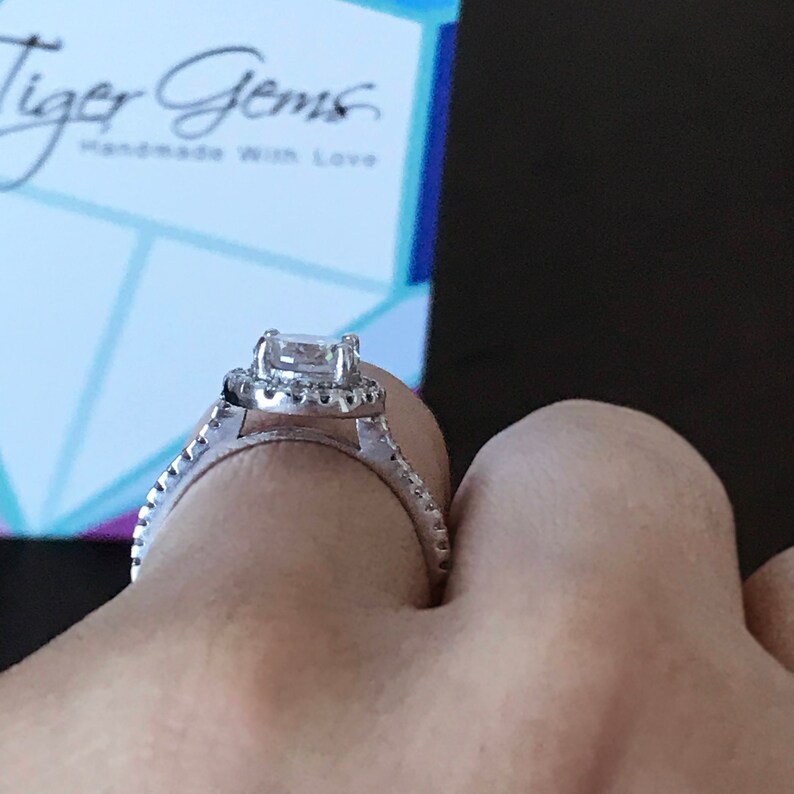 Engagement Ring 1.5 ctw Round Classic Halo Ring Sterling Silver Half Eternity Ring Promise Ring Man Made Diamond Simulant Wedding Ring