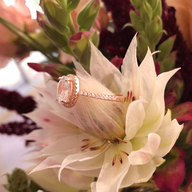 2.25 ctw Oval Halo Ring, Vintage Style Engagement Ring, Man Made Diamond Simulants, Art Deco Halo Ring, Sterling Silver, Rose Gold Plated image 6