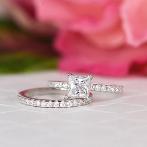 1.25 ctw Princess Accented Solitaire Bridal Set, Princess Square Engagement Ring, Wedding Set, Man Made Diamond Simulants, Sterling Silver
