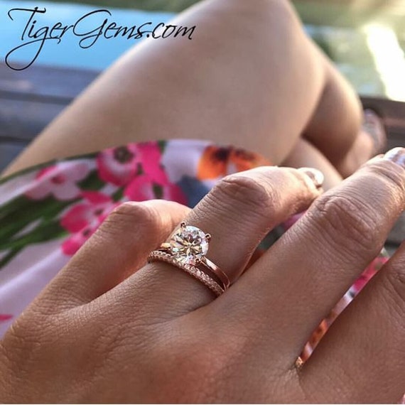 2 ct Stacking Solitaire Bridal Set, 4 Prong Engagement Ring Half Eternity  Band, Man Made Diamond Simulant, Sterling Silver, Rose Gold Plated