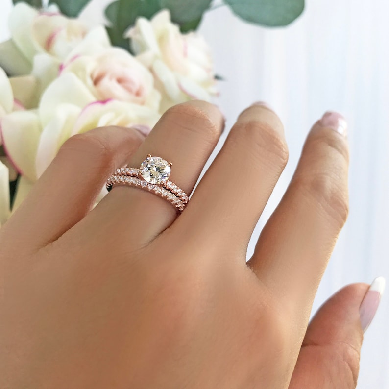 Sterling Silver 1.25 ctw 1 ct Round Accented Solitaire Bridal Set Half Eternity Wedding Band Rose Gold Plated Man Made Diamond Simulants
