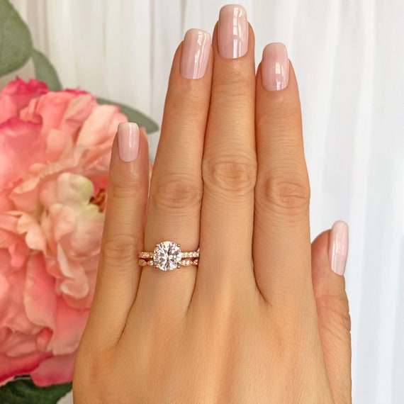 2.25 ctw Round Accented Solitaire Art Deco Bridal Wedding Set, Man Made Diamond Simulants, Sterling Silver, Rose Gold Plated, 40% Final Sale