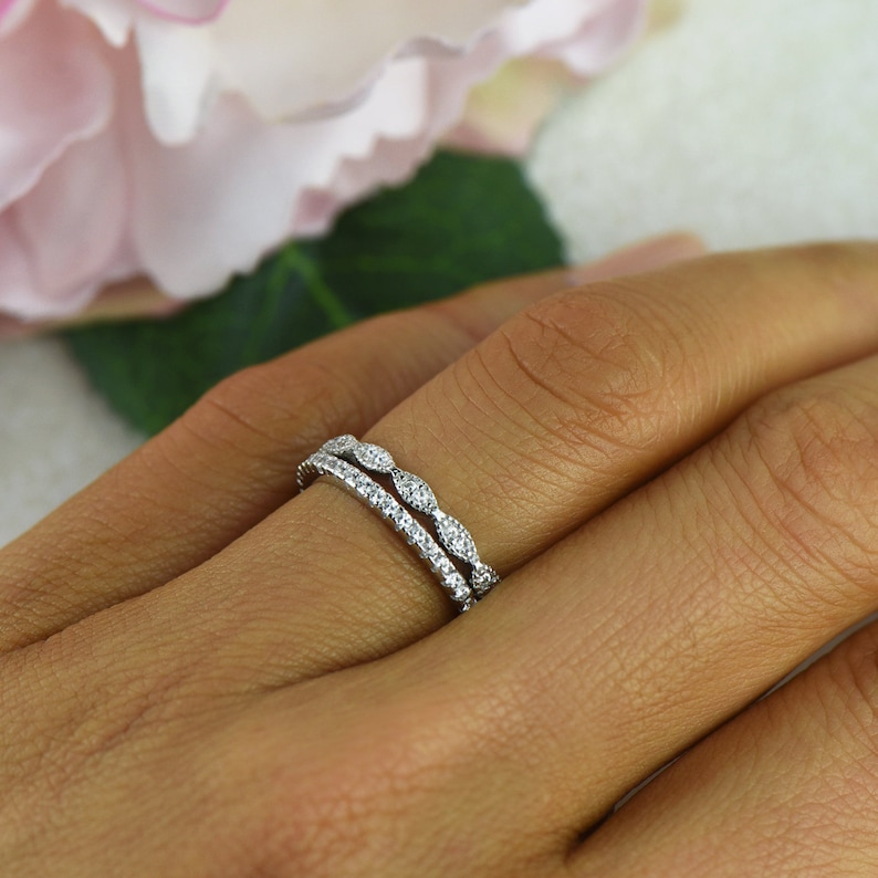 Art Deco Wedding Band and Half Eternity Band, Thin Stacking Ring Set, Small Engagement Ring, Man Made Diamond Simulants, Sterling Silver image 3