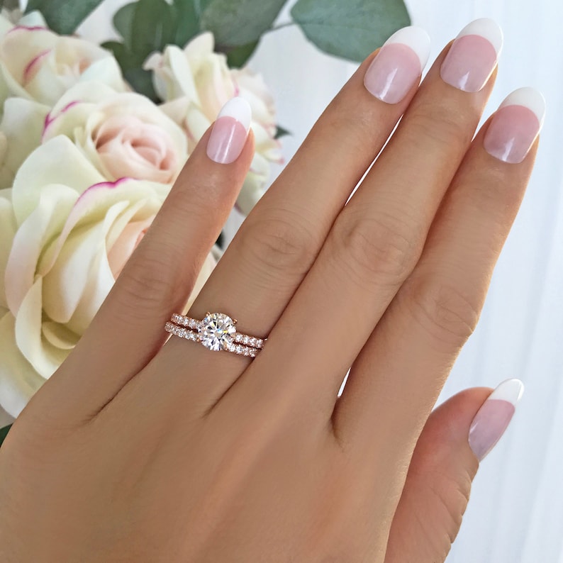 Sterling Silver 1.25 ctw 1 ct Round Accented Solitaire Bridal Set Half Eternity Wedding Band Rose Gold Plated Man Made Diamond Simulants
