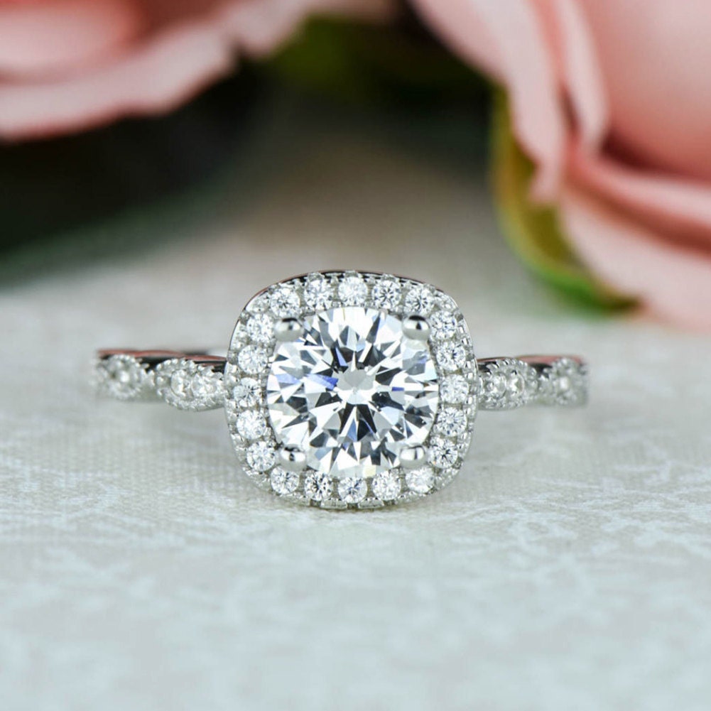 1.25 ctw Art Deco Engagement Ring Halo Wedding Ring Man Made | Etsy
