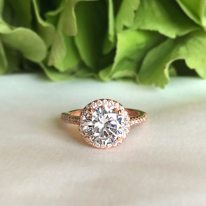 Man Made Diamond Simulants Sterling Silver 2.25 ctw Classic Round Halo Engagement Ring Wedding Ring Bridal Ring Rose Gold Plated