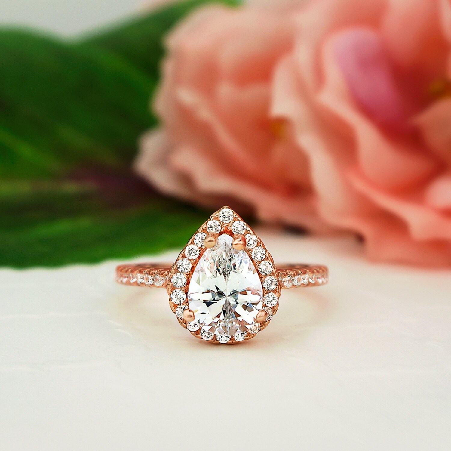 1.5 Ctw Classic Pear Engagement Ring, Man Made Diamond Simulants, Halo ...