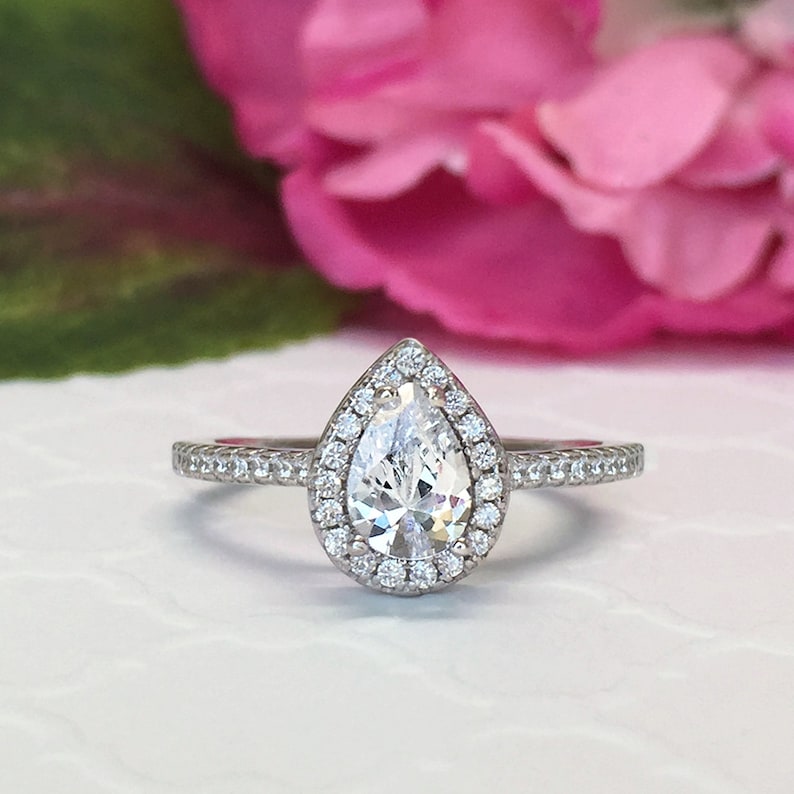Man Made Diamond Simulants Sterling Silver Half Eternity Wedding Ring Engagement Ring Classic Halo Ring 1 ctw Pear Halo Promise Ring