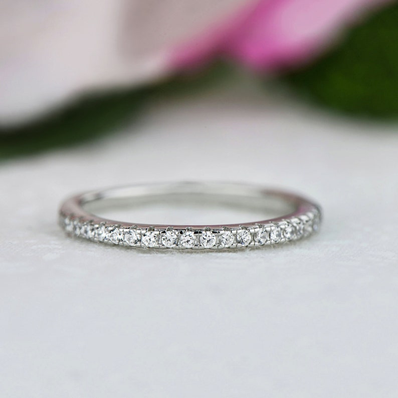 Small Half Eternity Ring, 1.5mm Wedding Band, Engagement Ring, Man Made Diamond Simulants, Bridal Ring, Round Wedding Band, Sterling Silver image 7