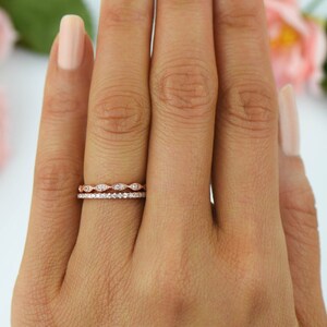 Art Deco Wedding Band Half Eternity Band Set, Delicate 1.5mm Engagement Ring, Man Made Diamond Simulants, Sterling Silver, Rose Gold Plated image 2