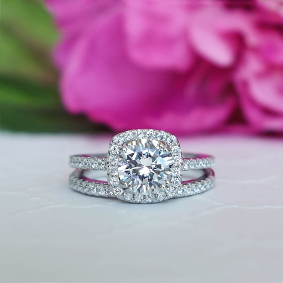 1.25 Ctw Classic Square Halo Engagement Set Man Made Diamond - Etsy