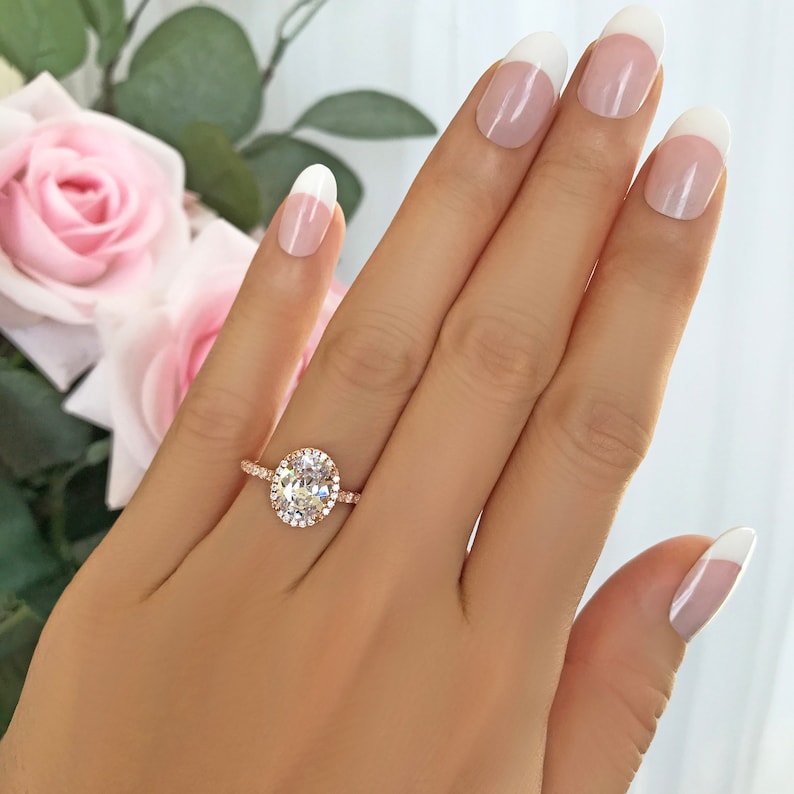 2.25 ctw Oval Halo Ring, Vintage Style Engagement Ring, Man Made Diamond Simulants, Art Deco Halo Ring, Sterling Silver, Rose Gold Plated image 3