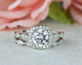 1.25 ctw Art Deco Halo Bridal Set, Vintage Style Wedding Rings, Man Made Diamond Simulants, Art Deco Halo Engagement Ring, Sterling Silver